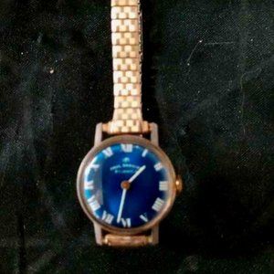 VINTAGE PAUL GARNIER LADIES 21 JEWEL WATCH ROUND WITH BLUE FACE AND SPEIDEL 10KT
